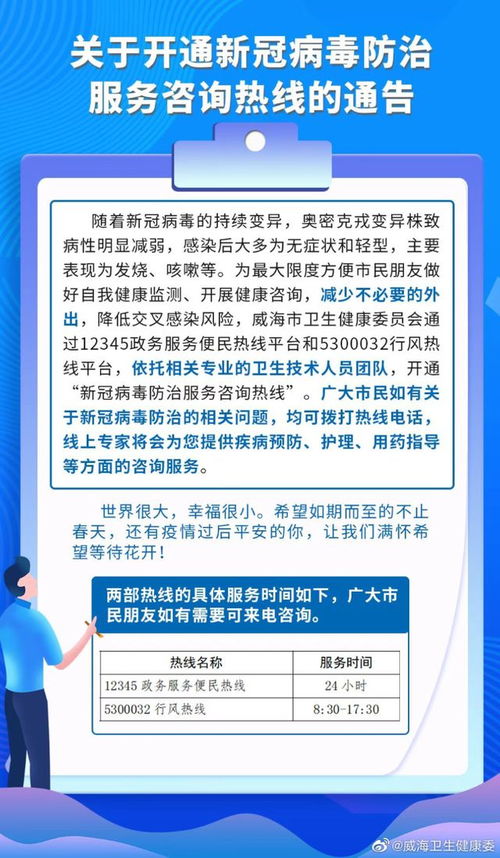 威海開通新冠病毒防治服務咨詢熱線，提供便捷信息咨詢服務